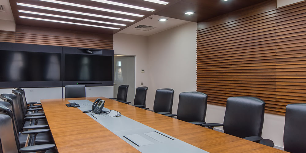 Modern conference room with wide screen TV