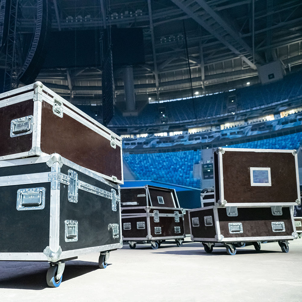 Musical equipment. Cases on wheels for musical equipment. Black