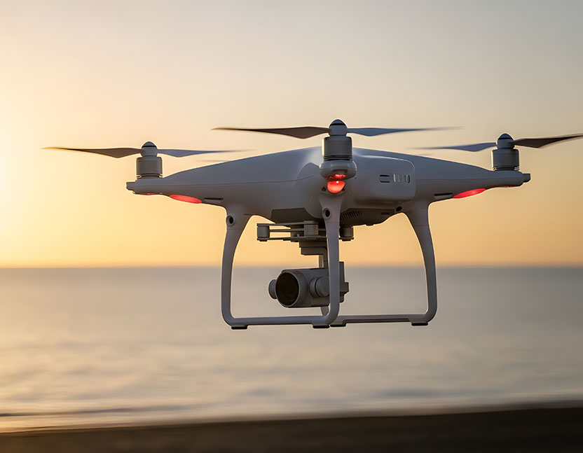 Professional aerial camera drone flying over water during golden